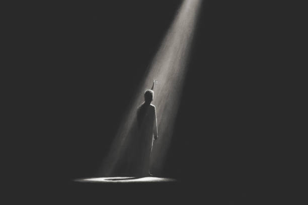 istock Illustration of man under holy light ray from the sky, spiritual concept 1527467007