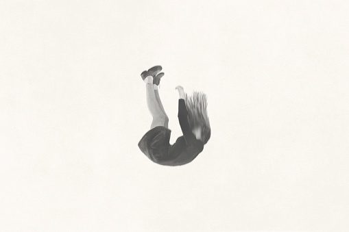 Illustration of woman falling from the sky, surreal abstract concept