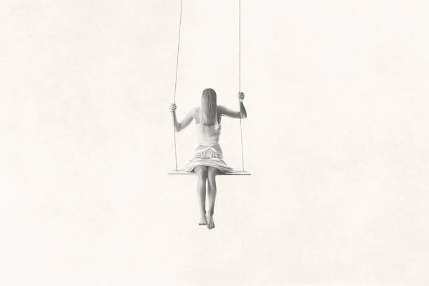 Illustration of woman swinging on the swing, minimal black and white abstract concept