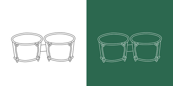 Bongo drum line drawing cartoon style. Percussion instrument bongo drum clipart drawing in linear style isolated on white and chalkboard background. Musical instrument clipart concept, vector design