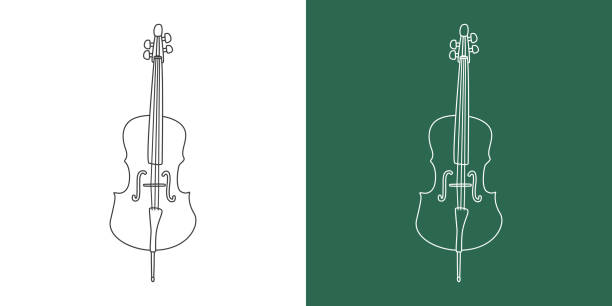 ilustrações de stock, clip art, desenhos animados e ícones de cello line drawing cartoon style. string instrument cello clipart drawing in linear style isolated on white and chalkboard background. musical instrument clipart concept, vector design - country and western music illustrations