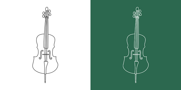 Cello line drawing cartoon style. String instrument cello clipart drawing in linear style isolated on white and chalkboard background. Musical instrument clipart concept, vector design