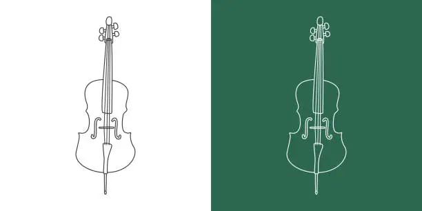 Vector illustration of Cello line drawing cartoon style. String instrument cello clipart drawing in linear style isolated on white and chalkboard background. Musical instrument clipart concept, vector design