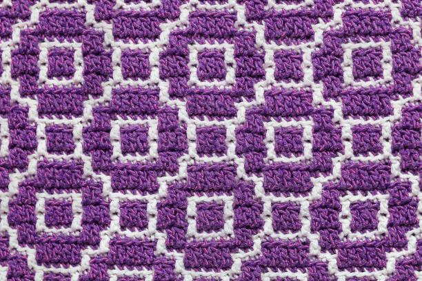 istock Seamless crochet mosaic pattern. Purple white overlay crochet texture. Abstract knitted background. 1527478180