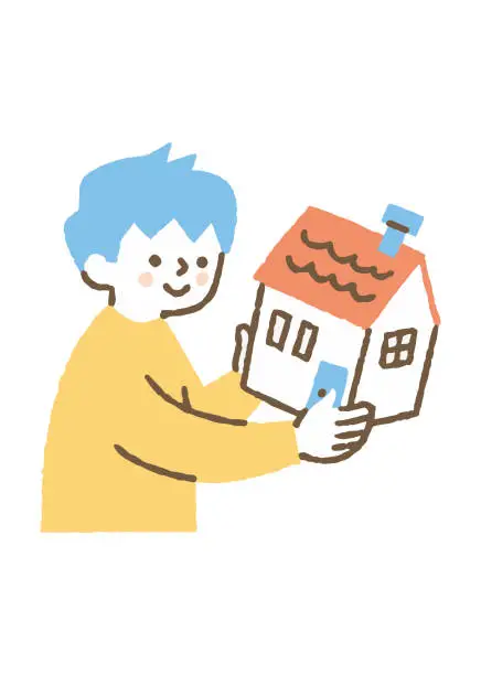 Vector illustration of A boy lifting a model of a house_color