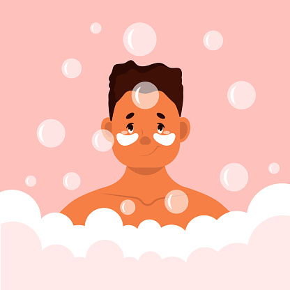 An African-American man is resting in the bathroom. Relaxation, water treatments, spa treatments, self-care. Vector illustration in cartoon style
