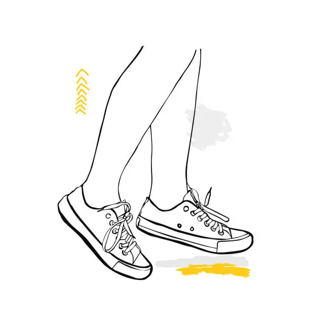 Vector illustration of Sketch female legs in sneakers. Hand drawn doodle vector illustration.