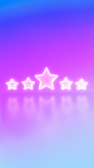 Neon light style 5 stars user rating for feedback or survey on purple gradient background.