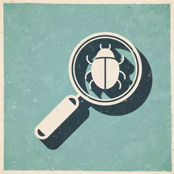 Vector illustration of Magnifying glass with bug. Icon in retro vintage style - Old textured paper