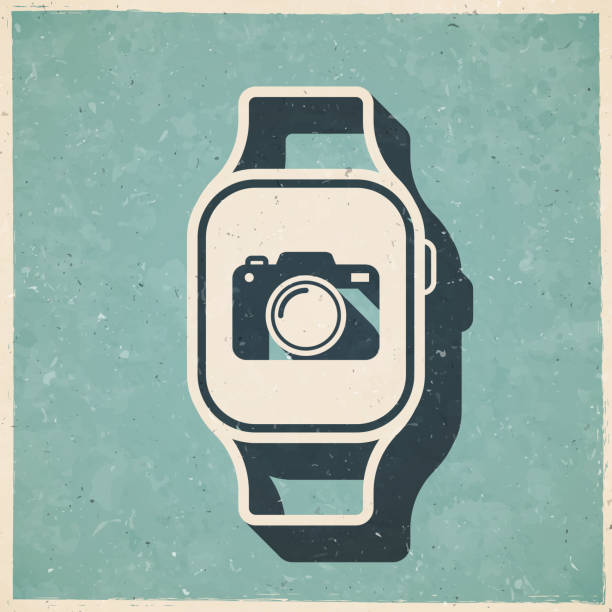 ilustrações de stock, clip art, desenhos animados e ícones de smartwatch with camera. icon in retro vintage style - old textured paper - conference call flash