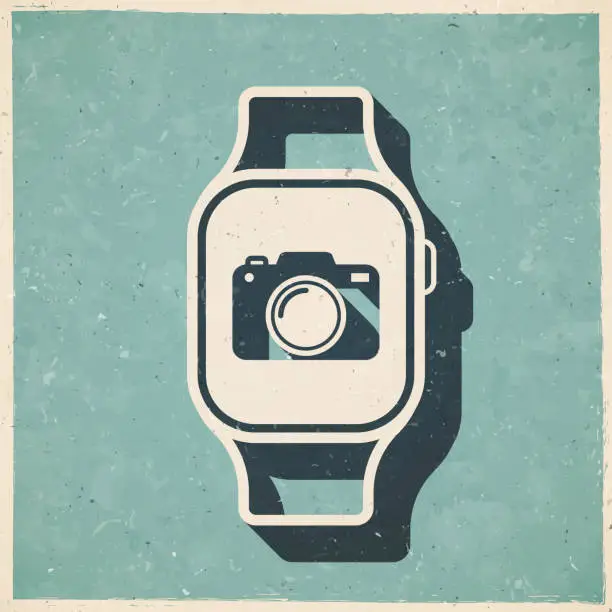 Vector illustration of Smartwatch with camera. Icon in retro vintage style - Old textured paper