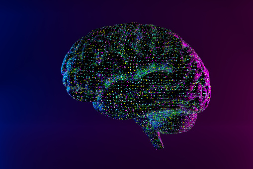 Abstract brain hologram. Futuristic glowing low polygonal brain mad of connected lines, stars, dots, triangles isolated on dark blue background. Neurology research, artificial intelligence concept. 3d illustration.