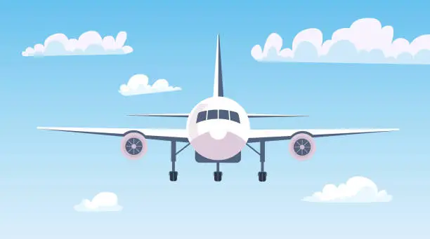 Vector illustration of Aircraft air plane flight flying in sky clouds concept. Vector graphic design illustration