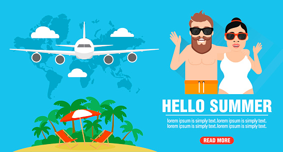 Hello summer, young couple travel concept design flat. Vector illustration