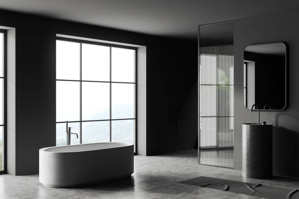 istock Gray bathroom corner with tub, sink and shower 1527610237