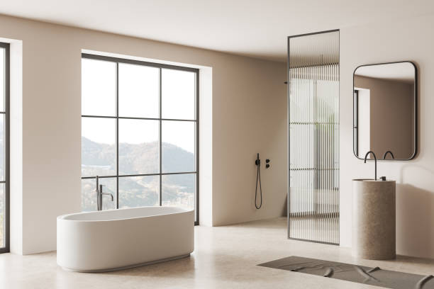 istock White bathroom corner with tub, sink and shower 1527612378