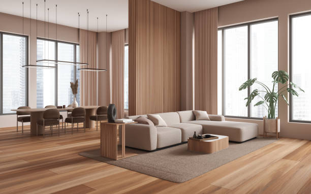 istock Cozy living room interior with relax and eating space, panoramic window 1527618861