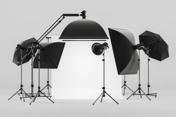 istock Photo studio with mock up blank cyclorama and modern lighting set 1527620915