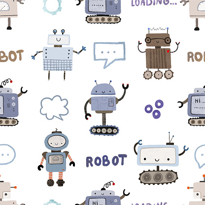 Seamless pattern with different vintage robots. Hand painted illustration. Isolated endless repeating color simple flat pattern with robots, bolts, lettering and doodles. Pattern for kids with robots, monsters. Children, kids robo background, wallart.