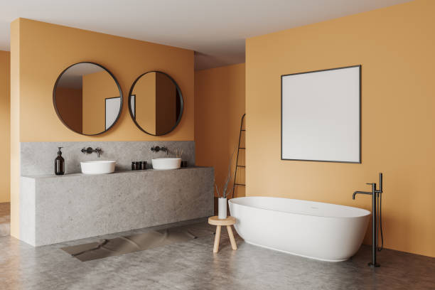 istock Stylish bathroom interior with bathtub, washbasin and accessories. Mockup frame 1527620930