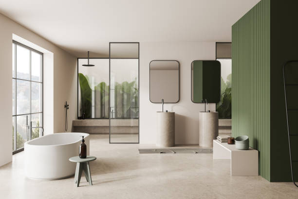 istock White and green bathroom with tub, double sink and shower 1527620936