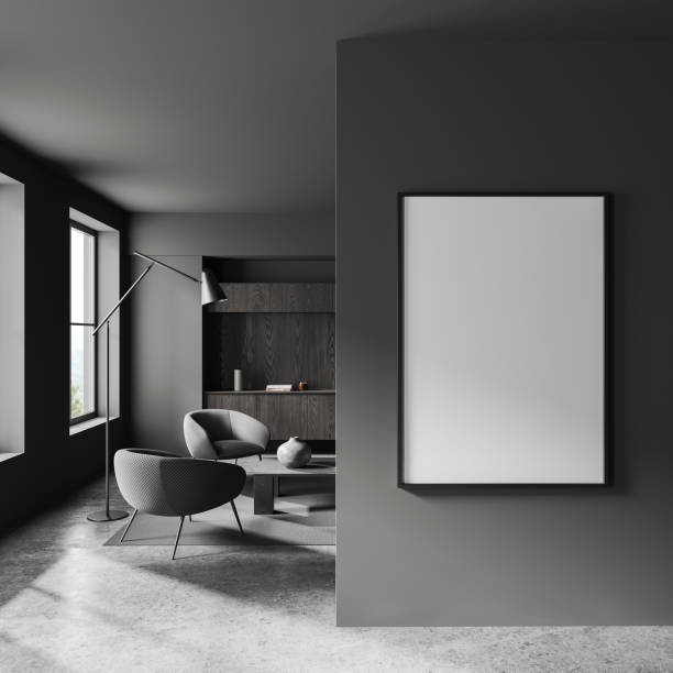 istock Dark living room interior with armchairs, coffee table and window. Mockup frame 1527627346