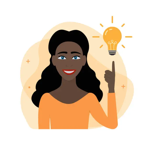 Vector illustration of Young black woman and lamp bulb. In a flat style on the theme of inspiration with an idea. Vector illustration.