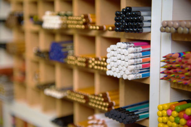 istock Selective focus on an assortment of graphite pencils in different softness displayed for sale in office supply store 1527652335