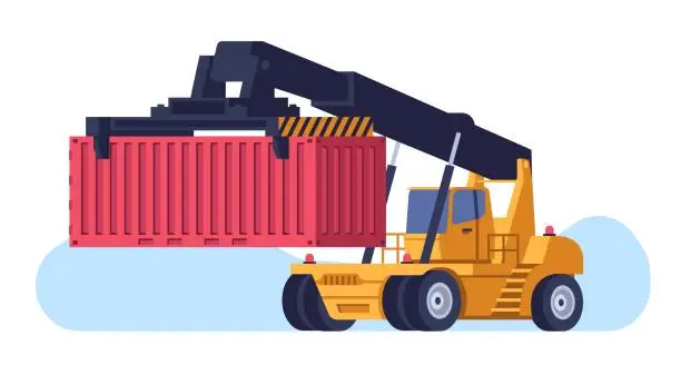 Vector illustration of Richstacker transports shipping container from warehouse. Freight transportation. Excavator lifting heavy box. Cargo logistics. Storehouse forklift lorry. Harbor loader. Vector concept