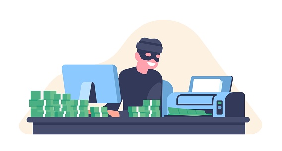 Counterfeiting money. Counterfeiter prints counterfeit cash on printer. Dollar banknotes stacks. Illegal finance. Fake currency. Criminal at computer. Financial fraud. False wealth. Vector concept