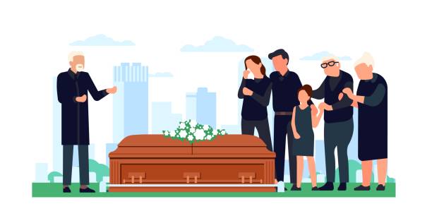 Funeral ceremony. Sad family members standing in cemetery near coffin with deceased. Traditional burial farewell ritual. Grief and sorrow. Mourning death of relative. Vector concept vector art illustration