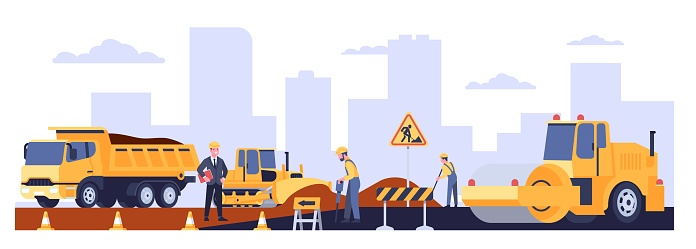 Road works on construction of new highway with special equipment. Workman in overalls. Workers brigade repairing city street. Truck and paver. Men laying asphalt. Roadway renovation. Vector concept