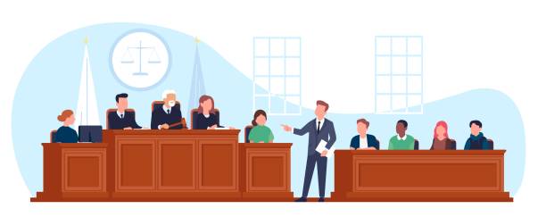 illustrations, cliparts, dessins animés et icônes de procès en salle d’audience. l’avocat pose des questions aux témoins. intérieur du palais de justice. juge et jury aux tribunes en bois. tribunal judiciaire. procureur et avocat défendeur. concept de juridiction vectorielle - lawsuit