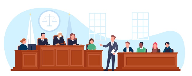 Trial in courtroom. Lawyer asks questions to witness. Courthouse room interior. Judge and jury at wooden tribunes. Law tribunal. Prosecutor and defendant attorney talk. Vector jurisdiction concept