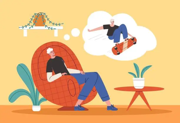 Vector illustration of Cartoon lazy man dreams. Guy fell asleep in comfortable chair. Extreme skateboard jumps in thoughts cloud. Boy imagining about riding skateboard. Sedentary lifestyle. Vector concept