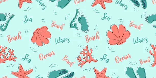 Vector illustration of Tropical underwater vector seamless pattern with summer elements.