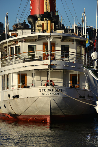 Old ferry at the Djurgården Ferry Terminal on a sunny day in Stockholm, Sweden