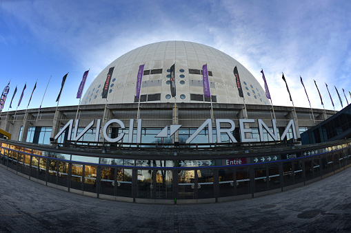 Multipurpose Avicii Arena taken with a fisheye lens on a sunny day in Stockholm, Sweden