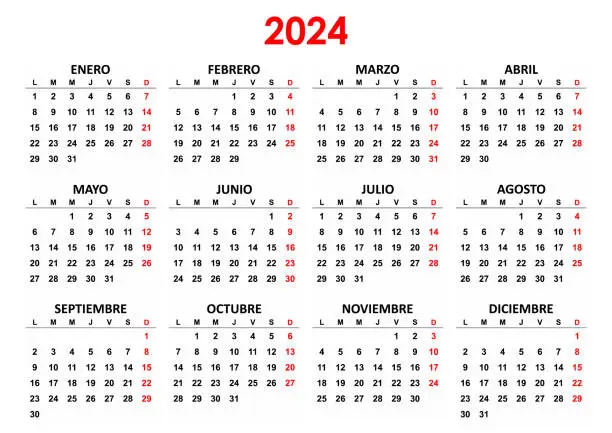 Vector illustration of Spanish Yearly calendar. 2024 mockup. Annual horizontal template. First day lunes monday. Classic simple minimal design. Black numbers on white background. EPS10.