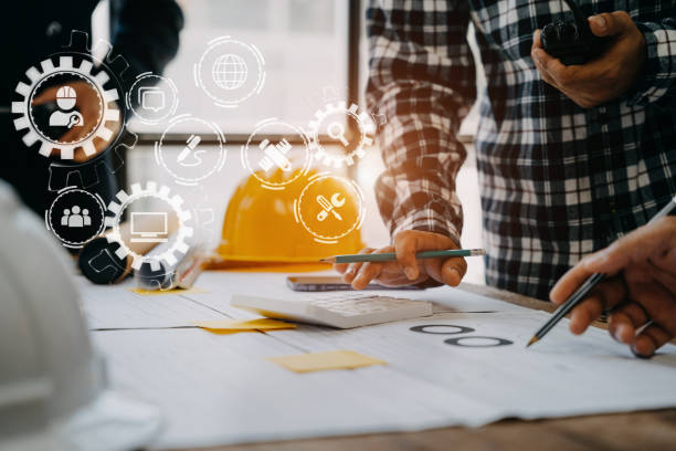 istock Engineer Teamwork Meeting, Drawing working on blueprint meeting for project working with partner on model building at company office. Asian industry professional team 1527761367