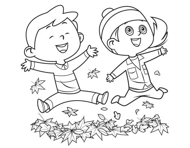 Vector illustration of Kids Playing with Falling Leaves in Autumn