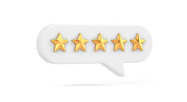 istock Five gold star rate feedback speech. 5 stars rating, excellent feedback concept. 3d rendering 1527799271