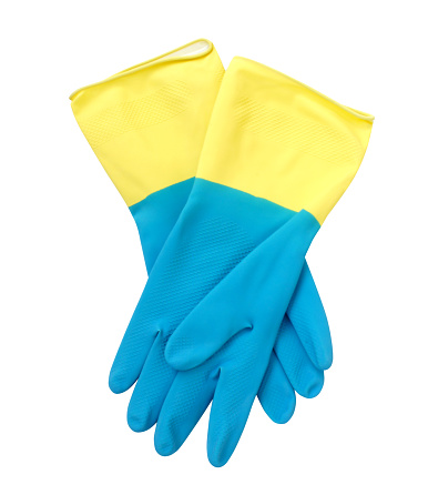 Rubber gloves isolated on white background. For gardening and household work. Yellow and blue color. Top view.