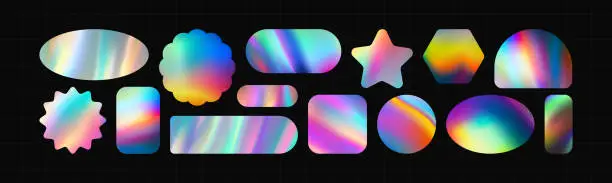 Vector illustration of Holographic stickers. Hologram labels of different shapes. Sticker shapes for design mockups. Holographic textured stickers for preview tags, labels. Vector illustration