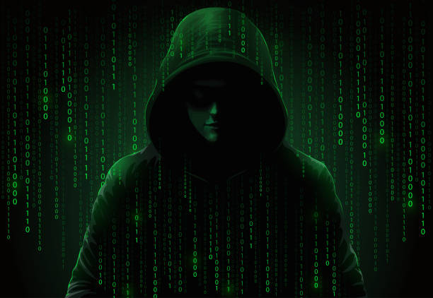 istock Computer hacker in hoodie. Obscured dark face. Data theft, internet fraud, darknet and cyber security concept. Hacker on screen background with binary code 1527818493