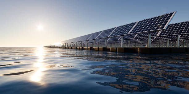 3d rendering of floating solar, floatovoltaics or solar farm on water with sky background.