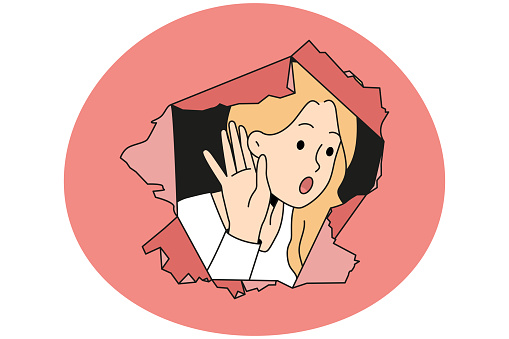 Young woman peep through paper hole hold hand near ear hearing gossips and secrets. Curious girl excited about secret hidden information and news. Censorship and rumors. Vector illustration.