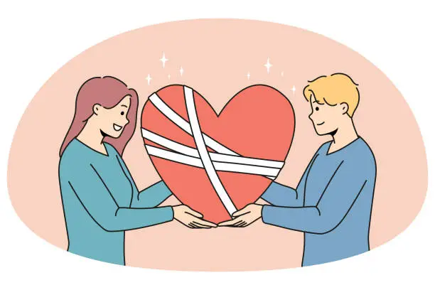 Vector illustration of Happy man and woman hold in hands fixed broken heart