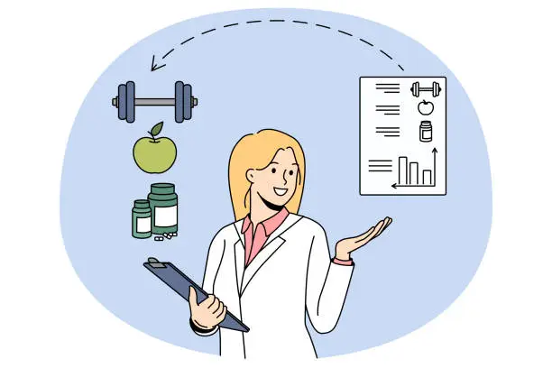 Vector illustration of Female nutritionist recommend healthy eating and sport