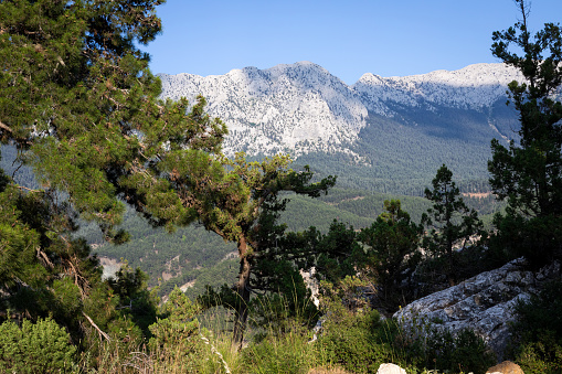 Kitanaura is an ancient Lycian city, in the mountains above Kemer, Antalya, Turkey. The view of the Taurus Mountains from the area where the ancient city is located.